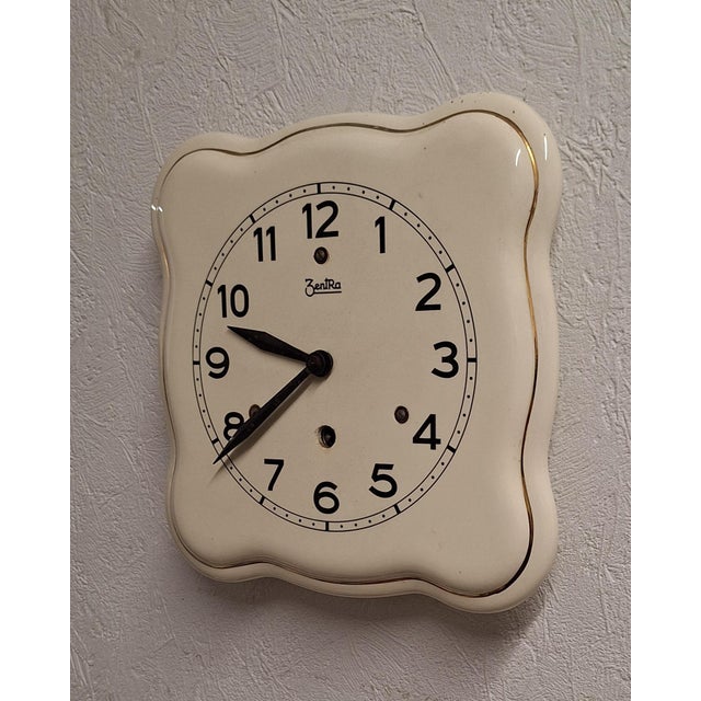 Art Deco German Mechanical Wall Clock with Cream Ceramic Case from Zentra, 1930s For Sale - Image 3 of 6