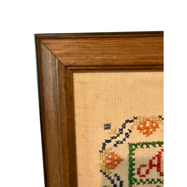 Textile Vintage Framed Cross Stitch Sampler-Primitive-Folk Art-Needlework-Alphabet-Farm For Sale - Image 7 of 11