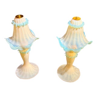 Opaline and Light Blu Murano Glass Table Lights, 1990s For Sale