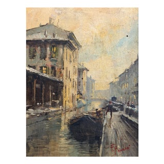 Bonaldi, Milanese Canal, The Walk Along the Naviglio, 20th Century, Oil on Panel, Framed For Sale