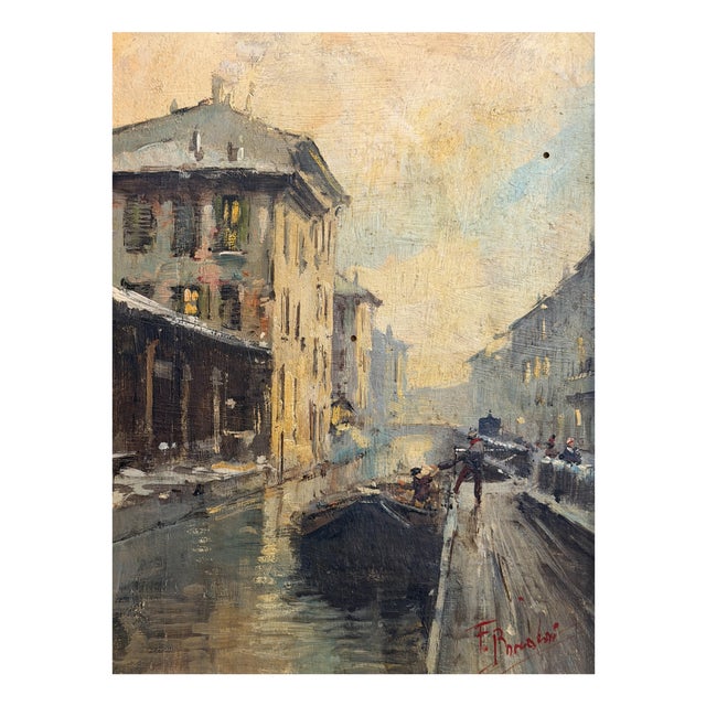 Bonaldi, Milanese Canal, The Walk Along the Naviglio, 20th Century, Oil on Panel, Framed For Sale