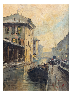 Bonaldi, Milanese Canal, The Walk Along the Naviglio, 20th Century, Oil on Panel, Framed