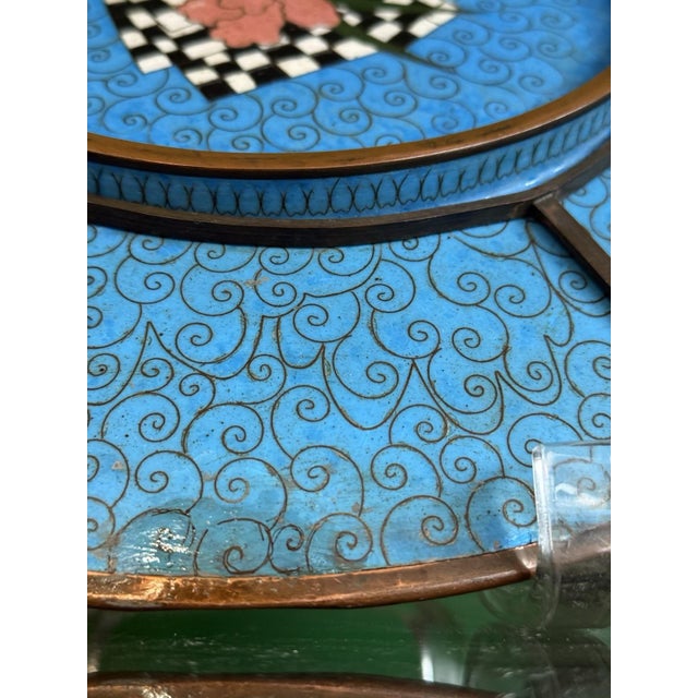 Japanese Cloisonne Enamel Plate With Chrysanthemums Butterflies Lavender Ground For Sale - Image 17 of 17