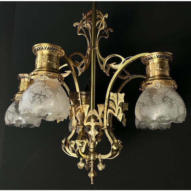 Antique Art Nouveau Chandelier in Brass and Bronze, 1890s For Sale - Image 3 of 13