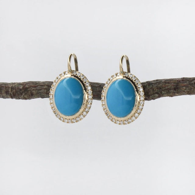 Art Deco Sleeping Beauty Turquoise Drop Earrings With Earth Mined Diamonds in Solid 14k Gold Oval - 2 Pieces For Sale - Image 3 of 6