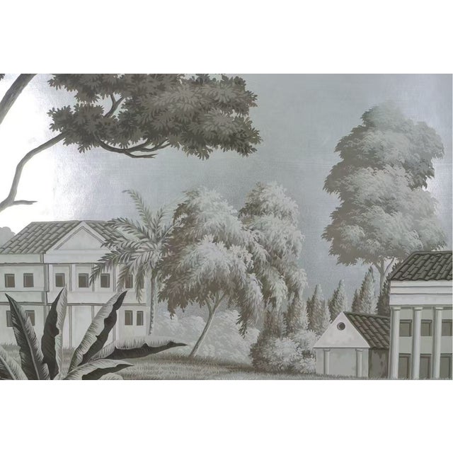 36" * H96" * 2ps, Hand-Painted Retro Grey Tone Manor Fountain Wall Mural, Vintage Chinoiserie Neoclassical Landscape Wall Cloth For Sale - Image 4 of 5