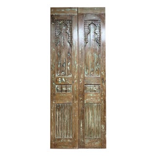 Rustic Vintage Carved Double Doors With Nailhead Studs – a Pair For Sale