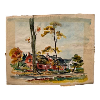 Henry Emil Salloch Original Watercolor on Paper Farm House During Autumn, 1941. For Sale