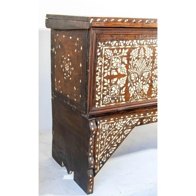 Wood Antique Middle Eastern Mother of Pearl Inlay Dowry Trunk 19th C. For Sale - Image 7 of 12