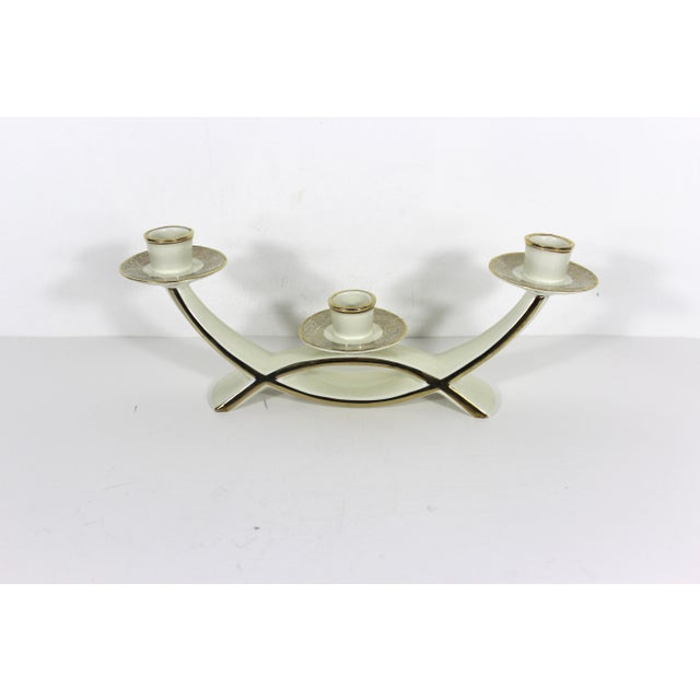 1950s Mid Century Modern Cream and Gold Ceramic Candelabra Three Arm Candleholder Bavaria Gerold Porzellan For Sale - Image 5 of 11
