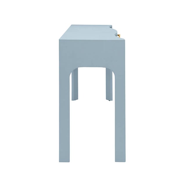 Worlds Away Matthew Izzo Home Sabrina Textured Light Blue Linen Three Drawer Curved Front Console With Satin Brass Hardware For Sale - Image 4 of 7