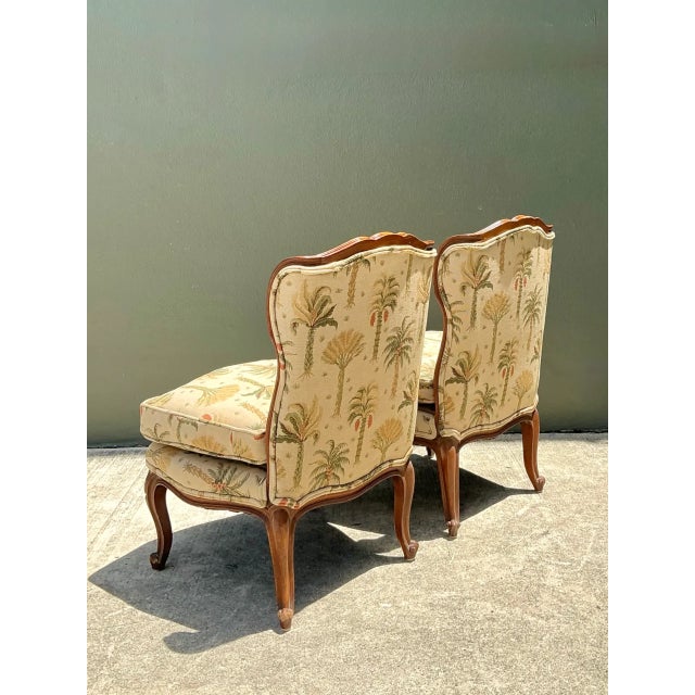 Wood Vintage Palm Print Fabric Slipper Chairs - Pair For Sale - Image 7 of 12