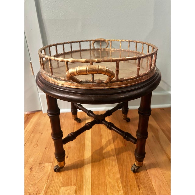 Vintage Custom Mahogany Cocktail Table With Attached Brass Faux Bamboo Gallery Tray Top For Sale - Image 4 of 12