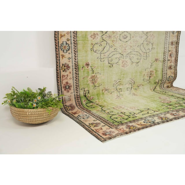 Turkish 1970s Vintage Turkish Handmade Wool Cotton Green Area Rug For Sale - Image 3 of 13