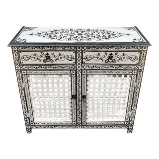 Moroccan White and Black Hand Painted Accent Cabinet - Musharabi For Sale