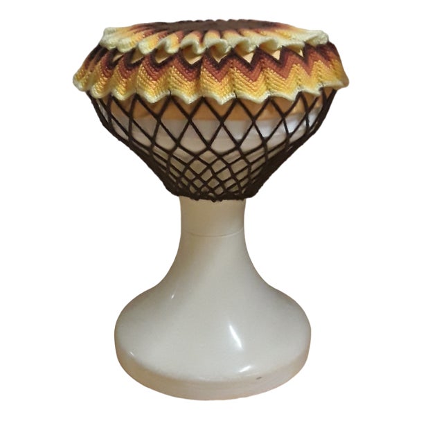 Vintage German Stool in White Plastic with Handmade Seat in Sunflower Look, 1970s For Sale