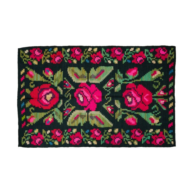 Black Vintage Romanian-Moldovan Handwoven Wool Kilim Rug with Black Floral Rose Pattern, 1960s For Sale - Image 8 of 8