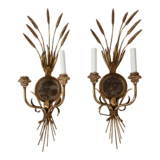 Pair Wheat Sheaf Mirrored Sconces, Italy, Circa 1950's For Sale