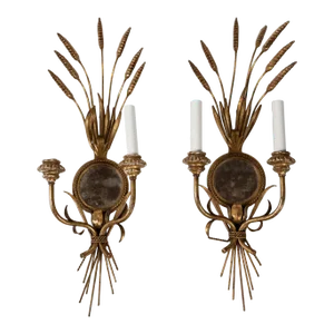Pair Wheat Sheaf Mirrored Sconces, Italy, Circa 1950's