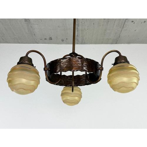 Art Nouveau Brass 3-Arm Chandelier with Scalloped Glass Shades, 1920s For Sale - Image 4 of 9