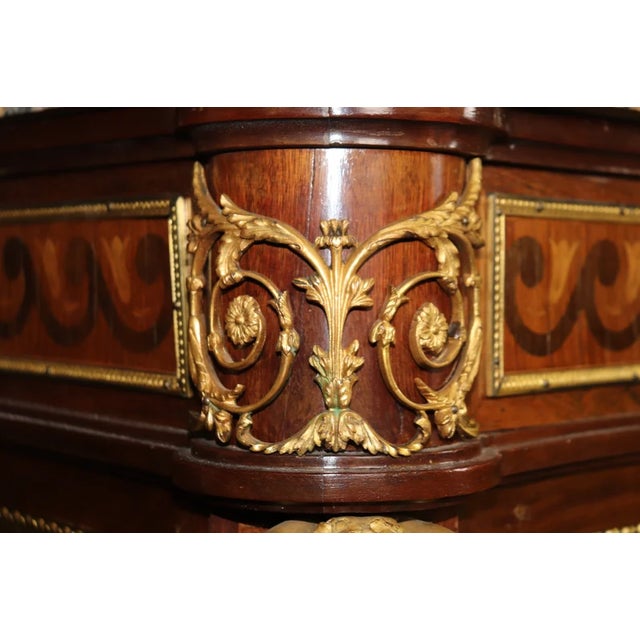 Wood Early 20th Century French Louis XVI Style Marble Top Commode – Bronze Figural Mounts & Walnut Marquetry Sideboard For Sale - Image 7 of 10