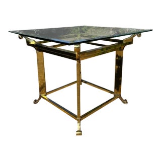 Hollywood Regency Brass Scroll Design Glass End Table For Sale