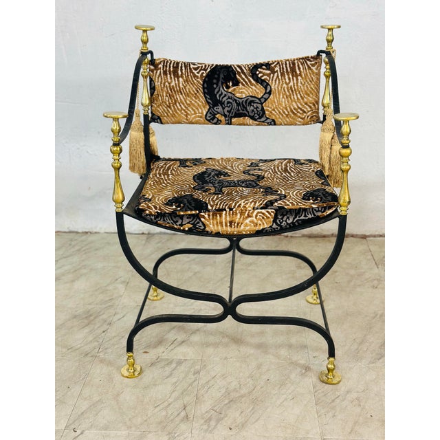 Hollywood Regency Restored Antique Iron and Brass Chair Reupholstered in Designer Velvet For Sale - Image 3 of 10