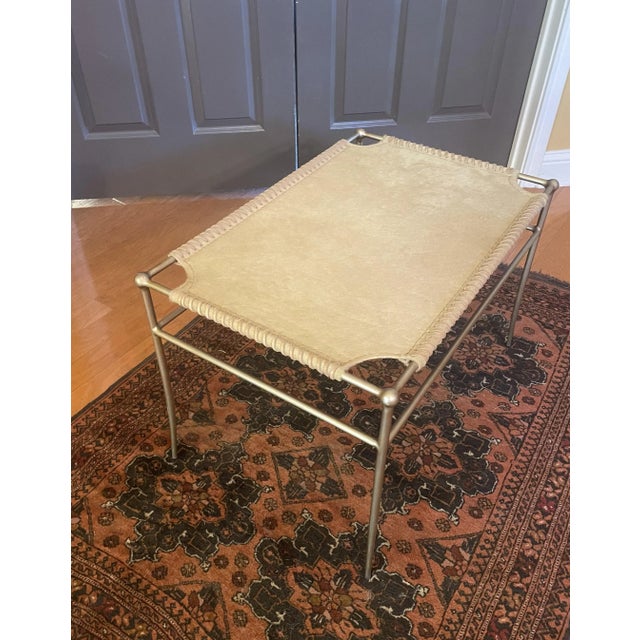 Transitional Late 20th Century Umber-Colored Hide and Leather Bench With Brass Frame For Sale - Image 3 of 10