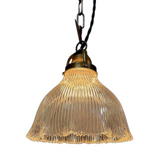 Small Pressed Glass Pendant Lamp with Brass Fixture from Holophane, 1930s For Sale