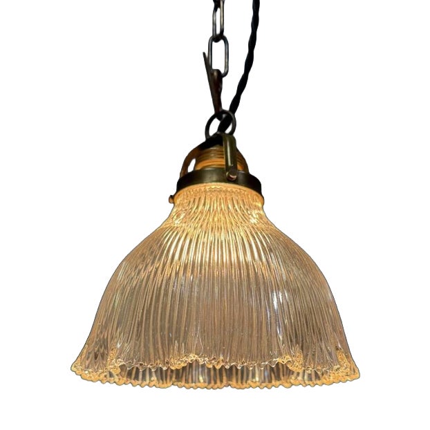 Small Pressed Glass Pendant Lamp with Brass Fixture from Holophane, 1930s For Sale