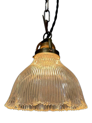 Small Pressed Glass Pendant Lamp with Brass Fixture from Holophane, 1930s