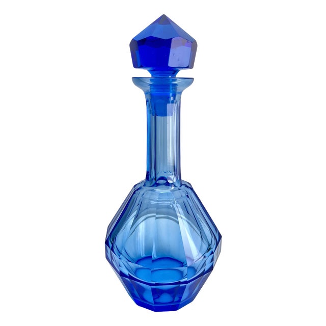 Large Czech Cobalt Blue Faceted Crystal Decanter from Moser, 1857 For Sale