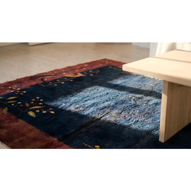 1920s Blue Navy Minimalist Bird Antique Chinese Art Deco Carpet 6' X 8'9" Knotted Wool Rug For Sale - Image 15 of 15