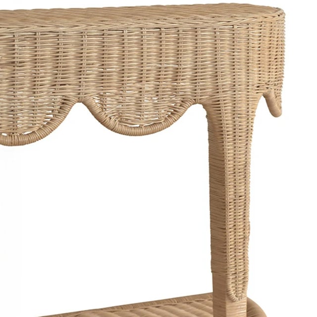 Matthew Izzo Home Paloma Demi Lune Rattan Console Table With Scalloped Top and Lower Open Shelf For Sale In New York - Image 6 of 8