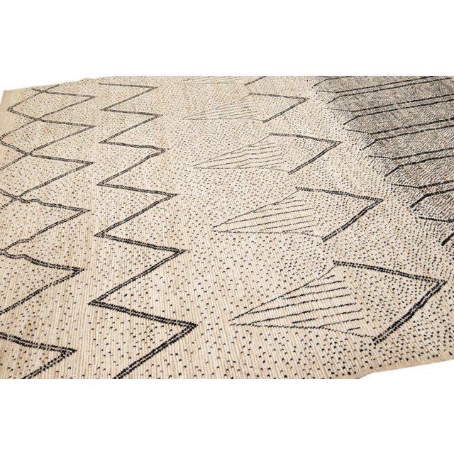 Beige Modern Moroccan Style Handmade Geometric Pattern Beige and Gray Boho Wool Rug For Sale - Image 8 of 9