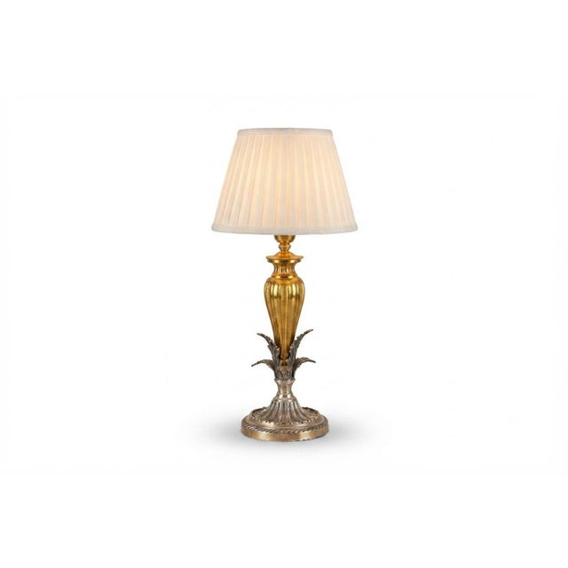 Brass and Silver-Toned Table Lamp with Leaf Base and Pleated Shade, 1960s For Sale - Image 15 of 15