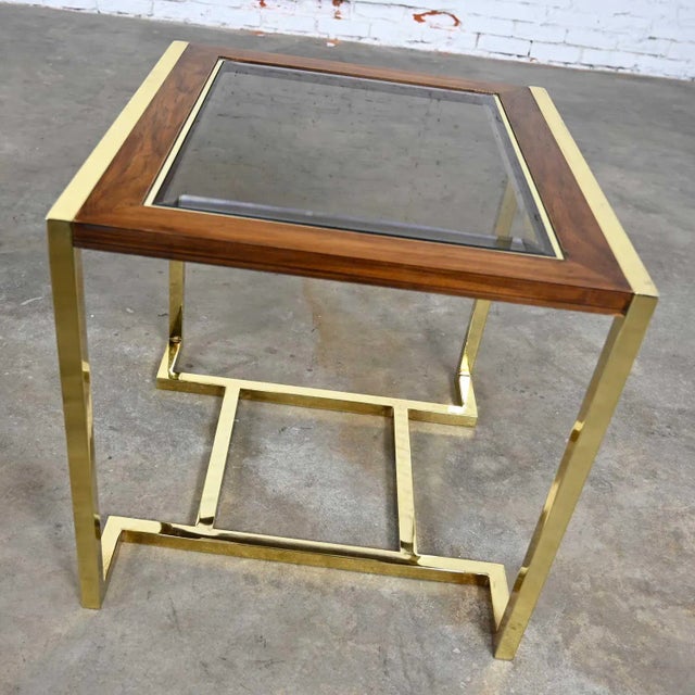 Thomasville Modern End Table Brass Plated Dark Wood & Smoked Glass Rectangle by Thomasville Furniture Style of Milo Baughman For Sale - Image 4 of 15