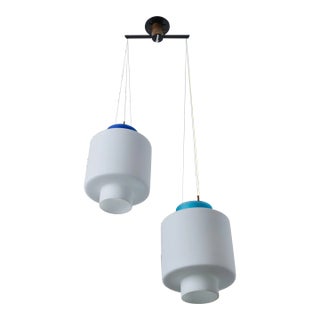 1950s Stilnovo Two-Pendant Blue and White Opaline Glass Suspension Lamp For Sale