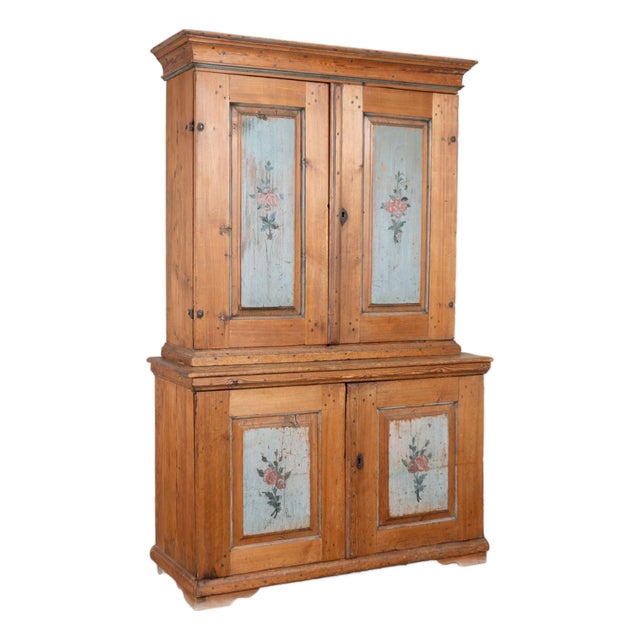 Early 19th Century Swedish Pine Cabinet With Original Painted Floral Panels For Sale