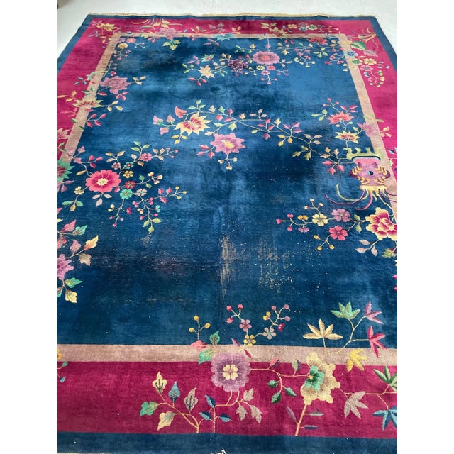 1920s 1920-1930's Antique Art Deco Asian Botanical Garden Magenta Berry Navy Purple Green Rug 9 2 X 11 8 For Sale - Image 5 of 13