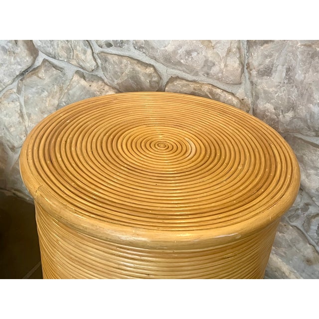 Vintage 1970s Boho-Chic Pencil Reed Rattan Sculptural Drum Side Table For Sale - Image 9 of 10