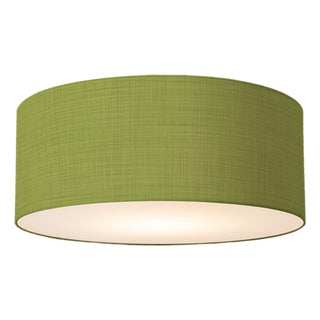 Stretch Flush Mount, Avocado Linen Shade, Weathered Brass For Sale