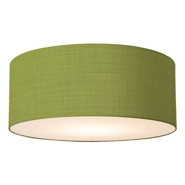 Stretch Flush Mount, Avocado Linen Shade, Weathered Brass For Sale