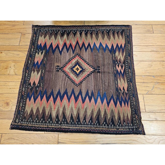 Persian Antique Persian Qashqai Tribal Sofreh Kilim Rug, Handwoven Wool, Geometric Pattern, Brown, 4x4 For Sale - Image 3 of 13