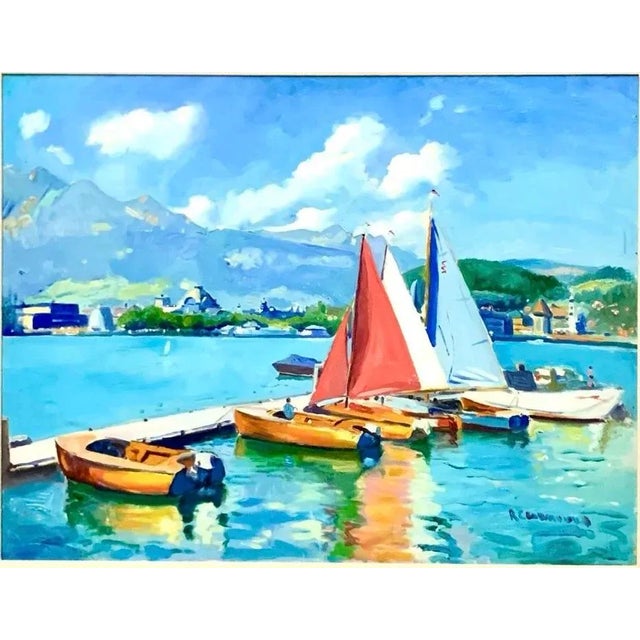 Late 20th Century Nautical Acrylic Painting, Signed Sailboats by Port in Spain, Framed, 38"w For Sale - Image 4 of 9