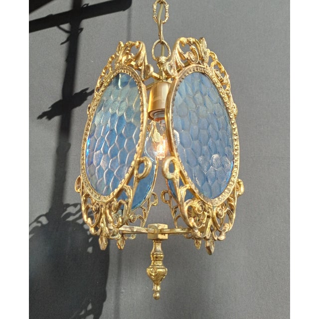 1960s Ceiling Light Vintage French Brass Blue Glass Chandelier For Sale - Image 12 of 14