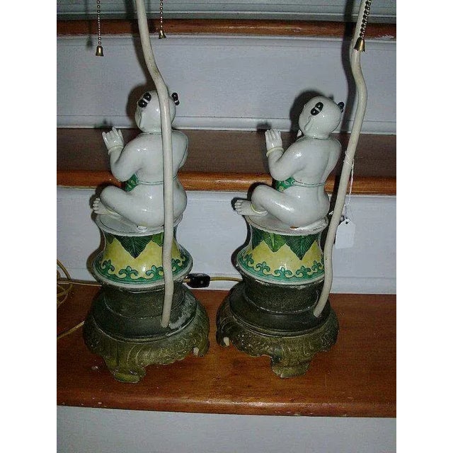 19th Century 19th Century Chinese Kangxi Porcelain Ho Ho Boys in Famille Vert Glaze as Lamps - a Pair For Sale - Image 5 of 7