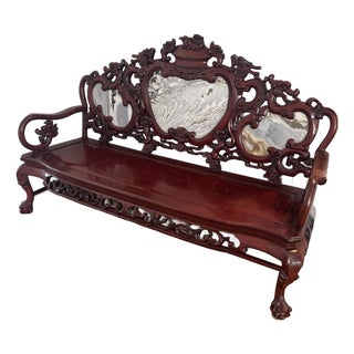 Chinese Carved Hardwood Dragon Settee With Three Dali Dreamstone Marble Panels, Mid-20th Century For Sale