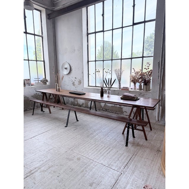 Trestle Farm Table and Benches, 1950s, Set of 3 For Sale - Image 17 of 18