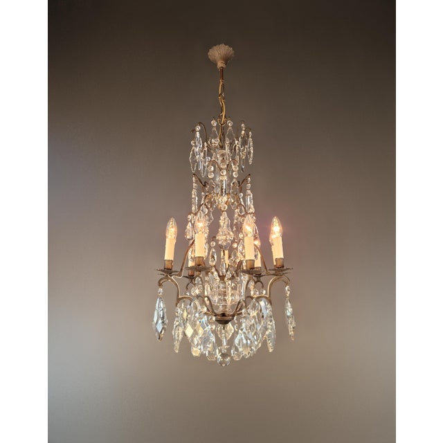 Art Deco Antique French Gothic Revival Brass Crystal Chandelier Tall 9 Light For Sale - Image 3 of 7